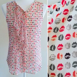 Gap Lip Print Button-Up Ruffle Top